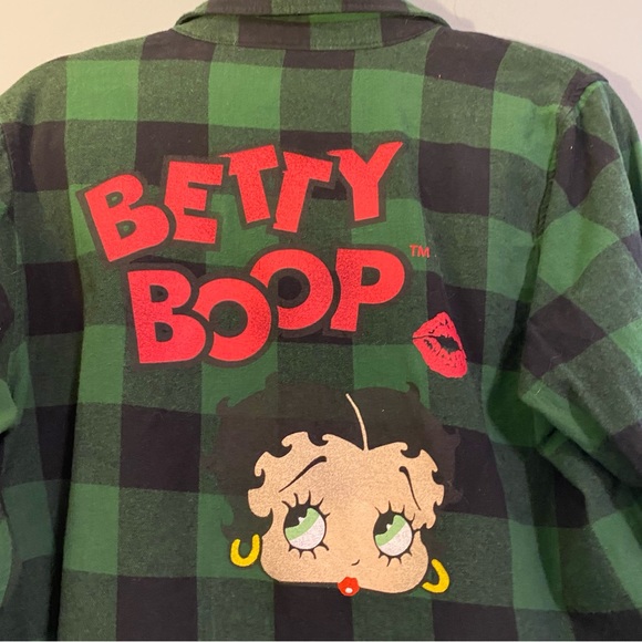 Betty Boop Green Black Buffalo Plaid Button Up Long Sleeve Flannel Sz M - Picture 4 of 5
